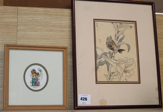Jane Pinkney, watercolour, Mice with balloons, signed, 8 x 7cm, and a Japanese woodblock print